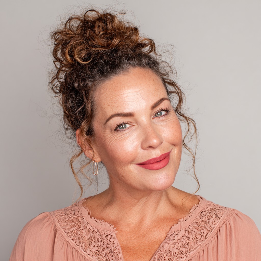 Textured Curly Updo with Face-Framing Tendrils