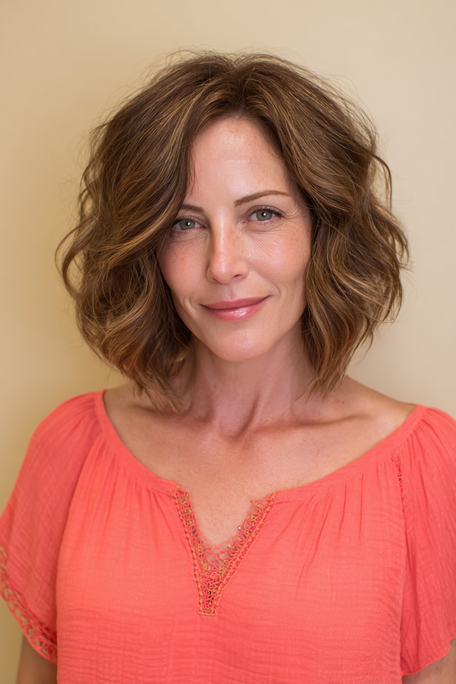 Textured Layered Bob with Warm Highlights