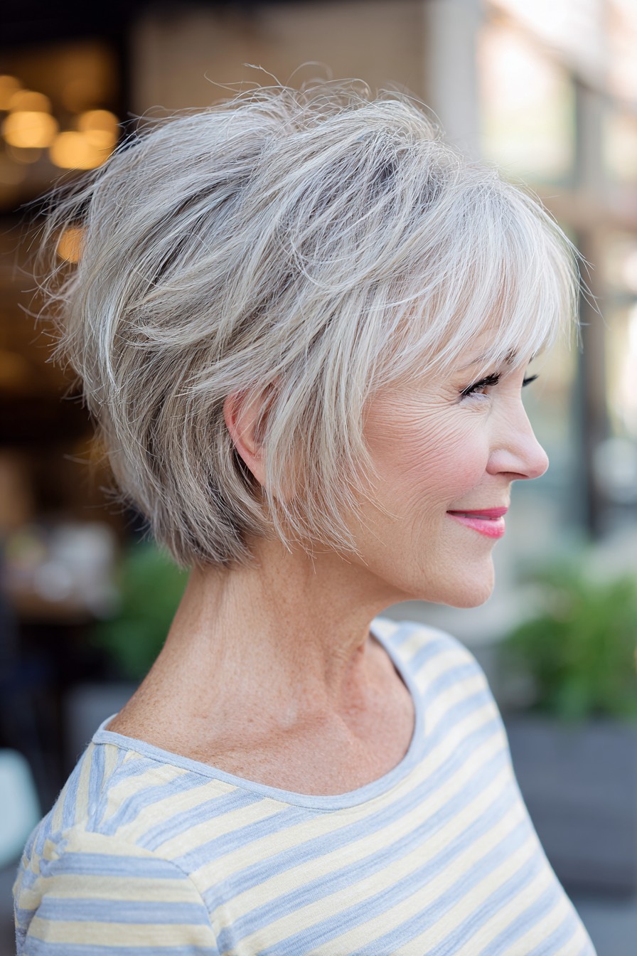 Textured Silver Stacked Bob with Feathered Bangs