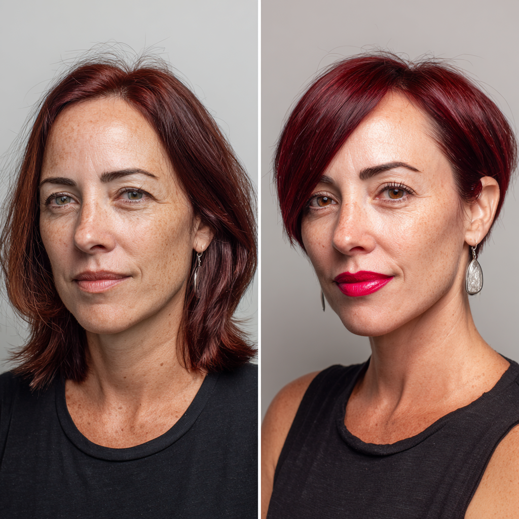 Vibrant Cherry Red Textured Lob with Side-Swept Bangs