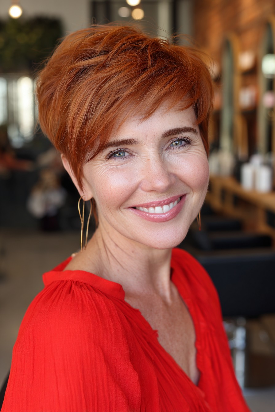 Vibrant Textured Red Pixie Cut with Side-Swept Bangs