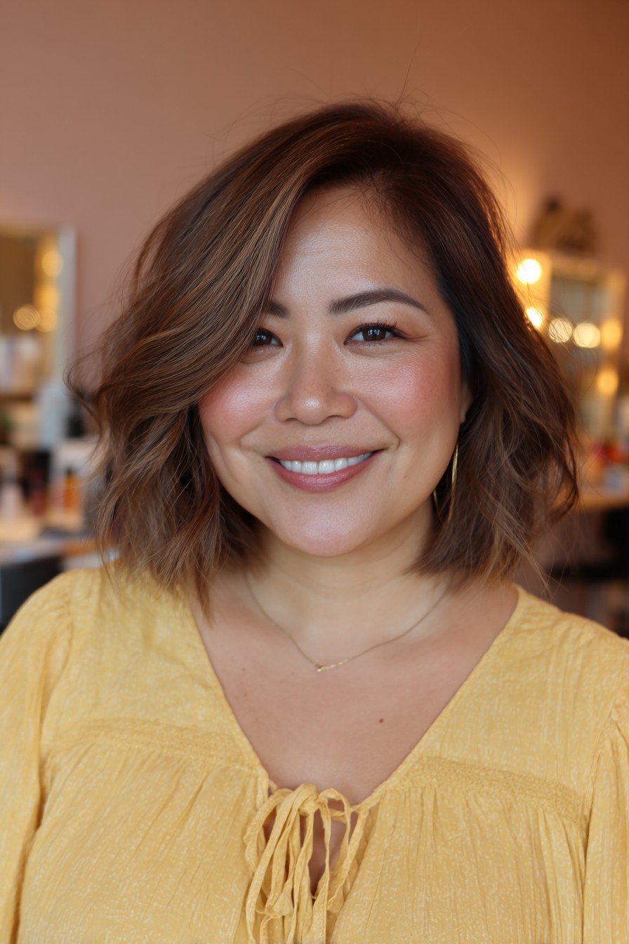 Warm Ashy Brown Textured Bob with Soft Waves