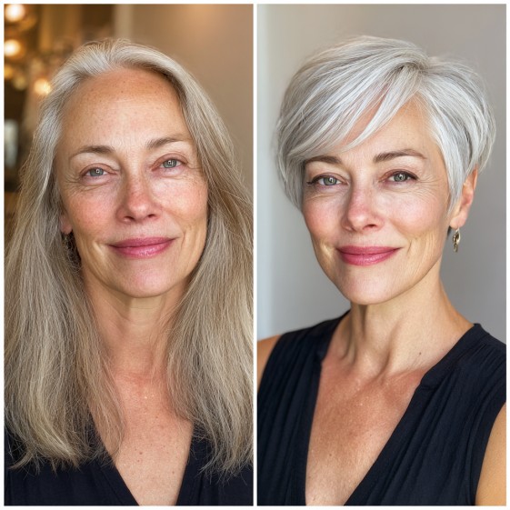 chic layered pixie cut with silvery highlights
