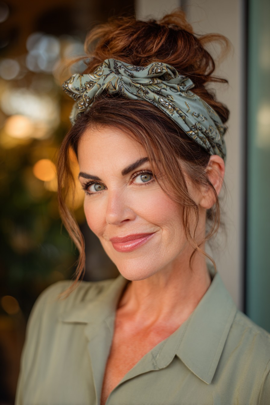 Chic Textured Updo with Stylish Headscarf