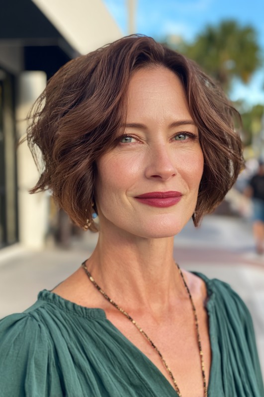 Choppy Curly Bob with Rich Chestnut Tones