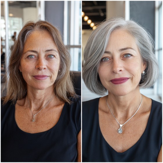 Elegant Silver Layered Bob with Side-Swept Bangs