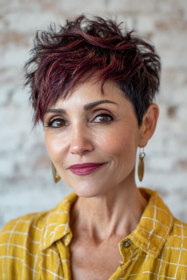 Textured Pixie Cut with Bold Burgundy Highlights