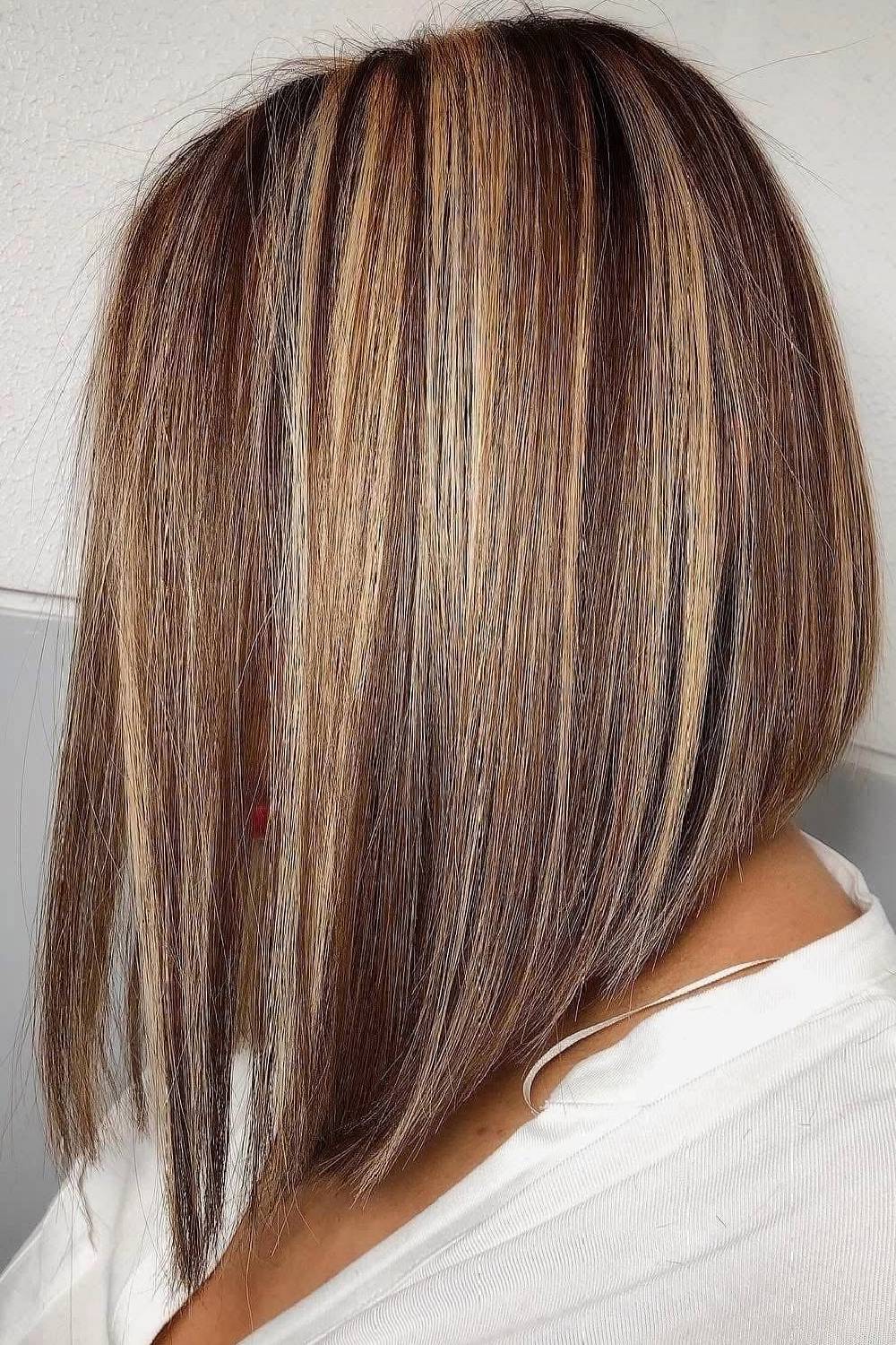 Chic Caramel Stacked Bob with Bold Highlights