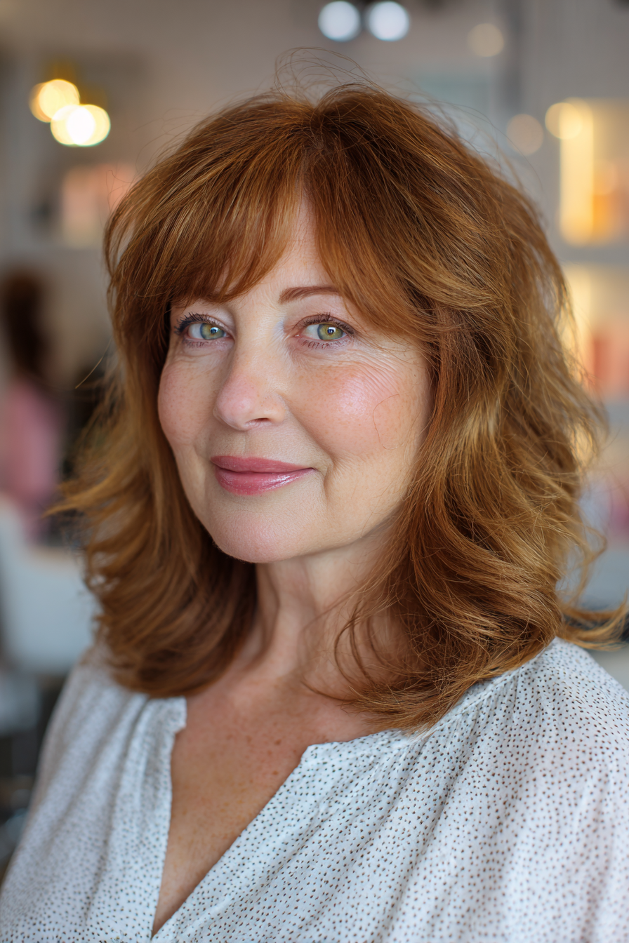 Chic Layered Copper Waves with Soft Bangs