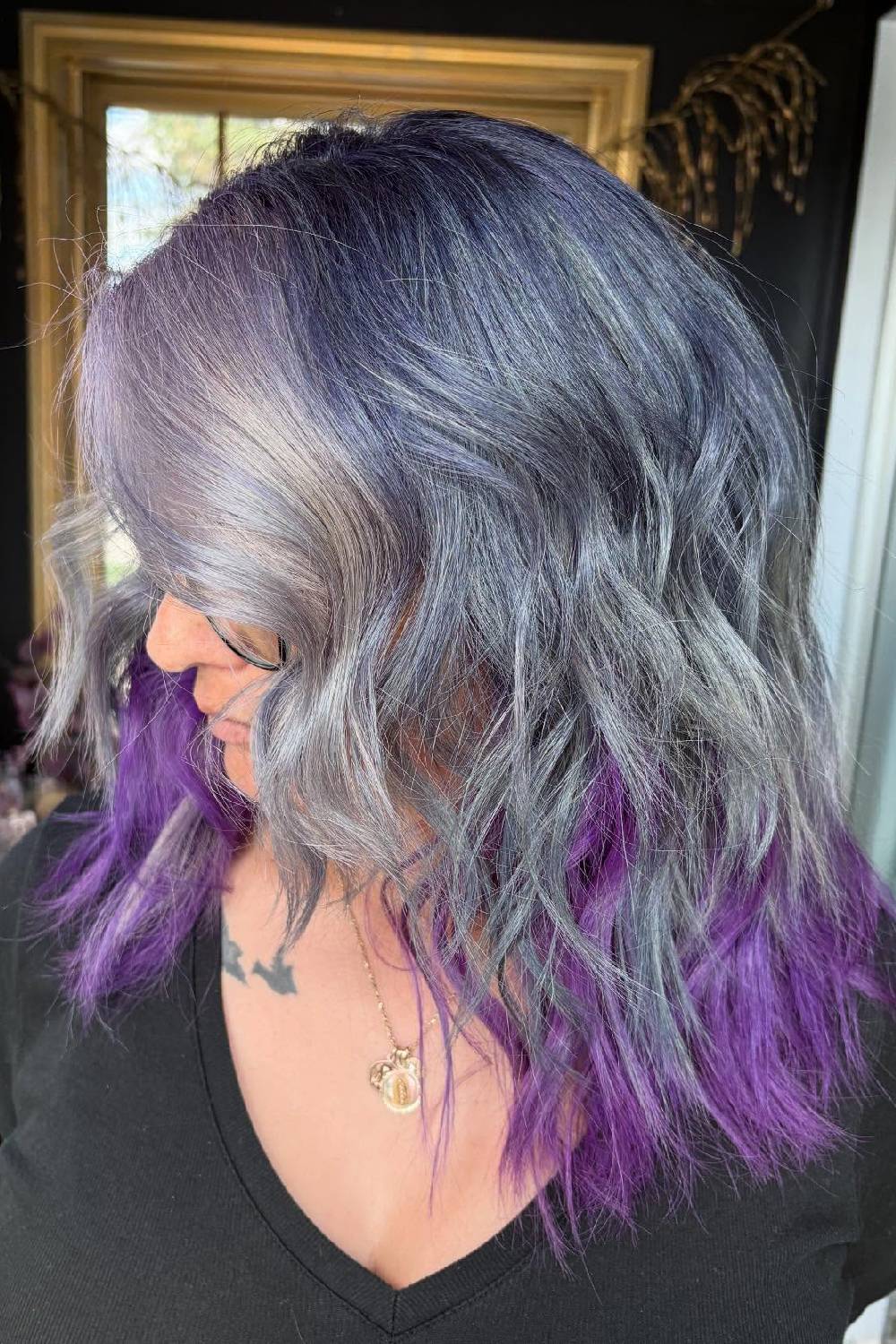 Edgy Wavy Lob with Purple Ombre Ends
