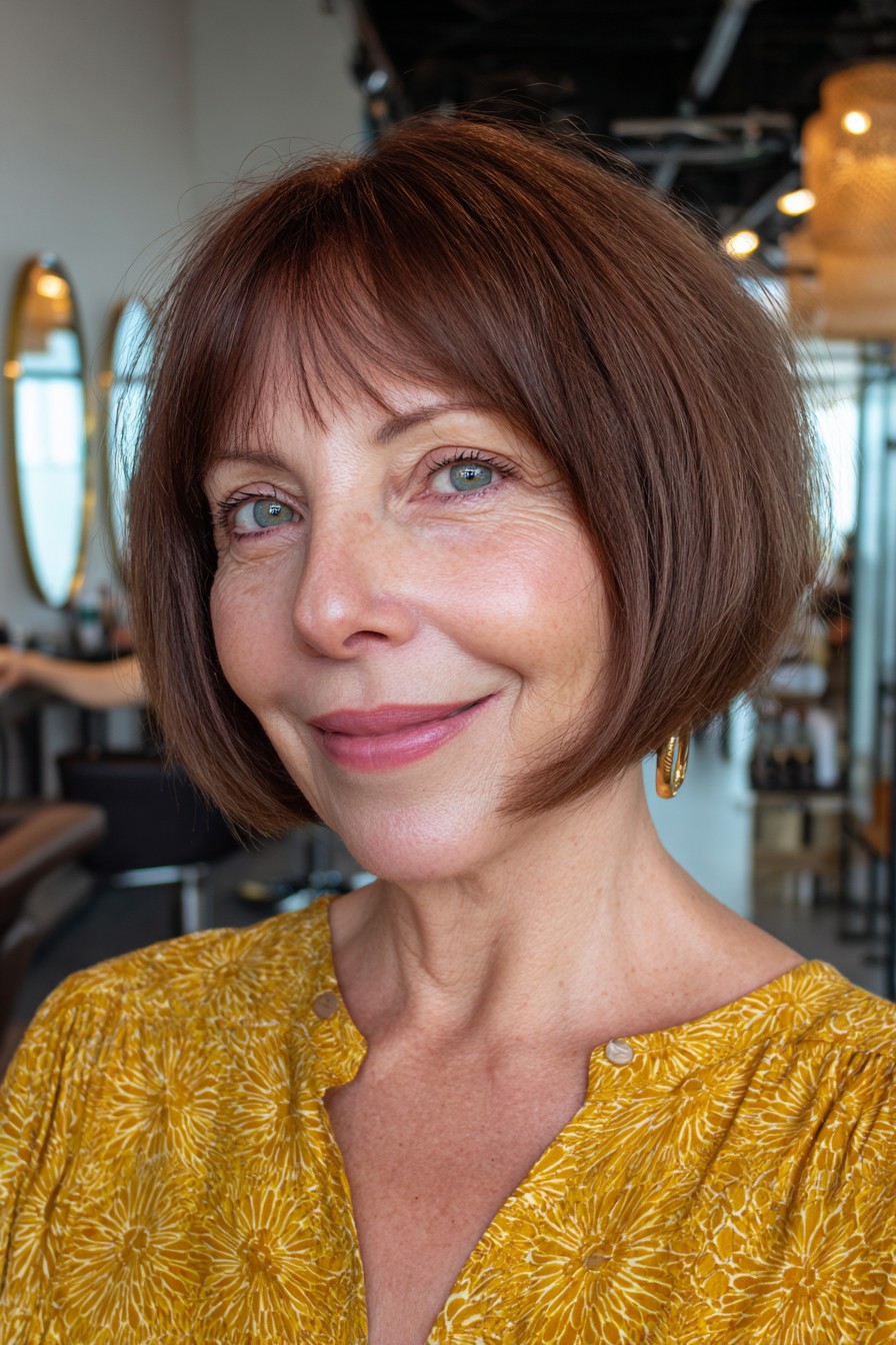 Elegant Chocolate Bob with Soft Fringe