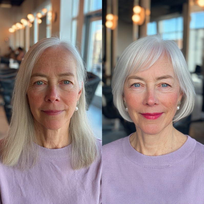Elegant Silver Blunt Cut with Soft Textured Bangs