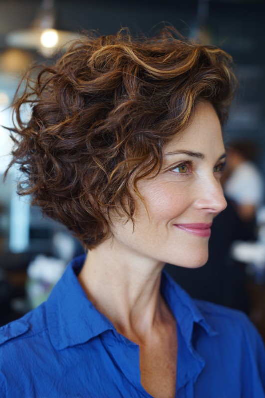 Modern Curly Wedge Bob with Subtle Highlights