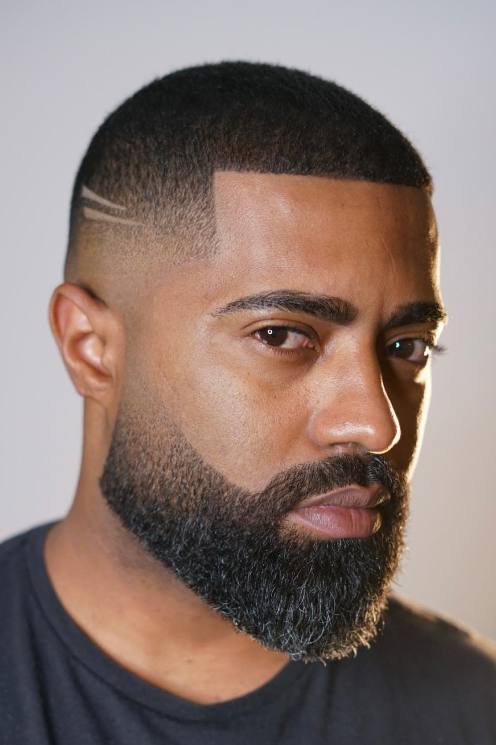 Sharp Fade with Intricate Beard and Line Design