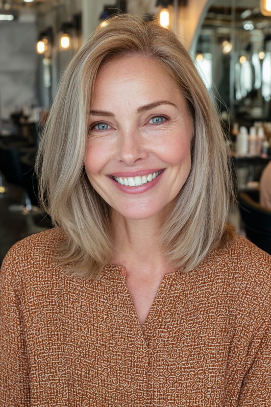 Corte de cabelo médio com textura suave e camadas sutis