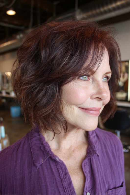 Stylish Wavy Shattered Bob with Rich Mahogany Tones