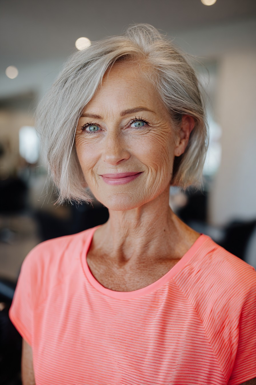 Textured Silver Bob with Side Swept Bangs