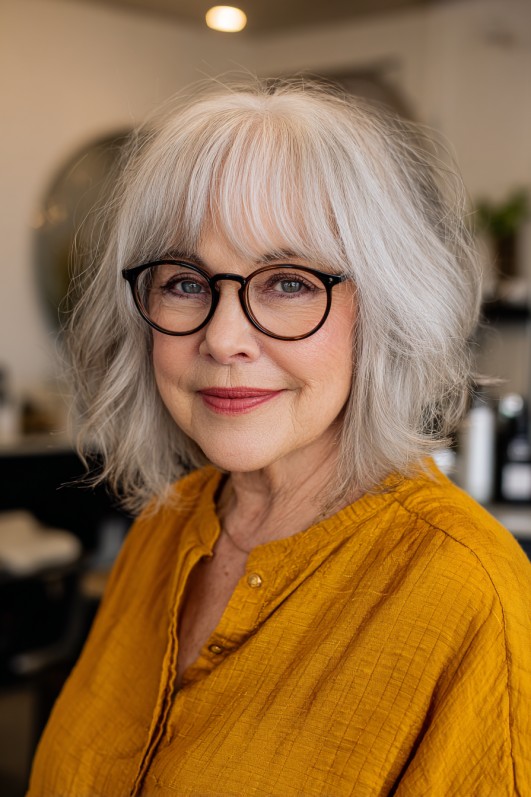 Textured Silver Shag with Face-Framing Bangs