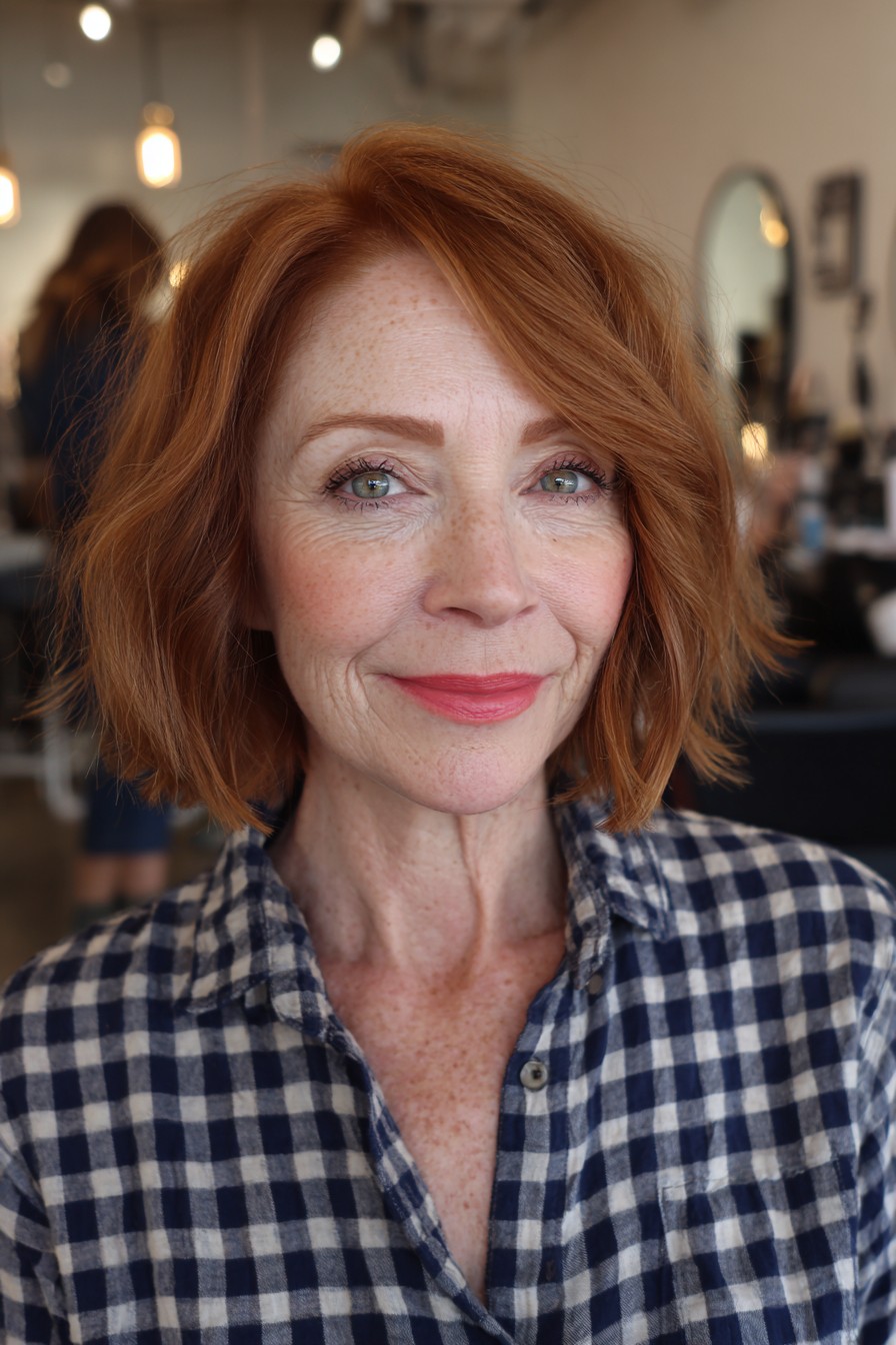 Charming Wavy Red Bob with Soft Textured Ends