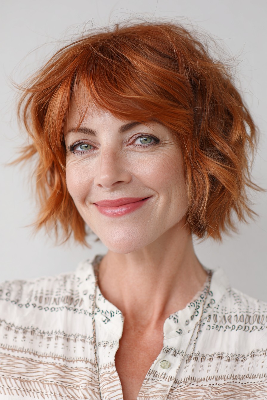 Chic Textured Copper Bob with Lively Waves