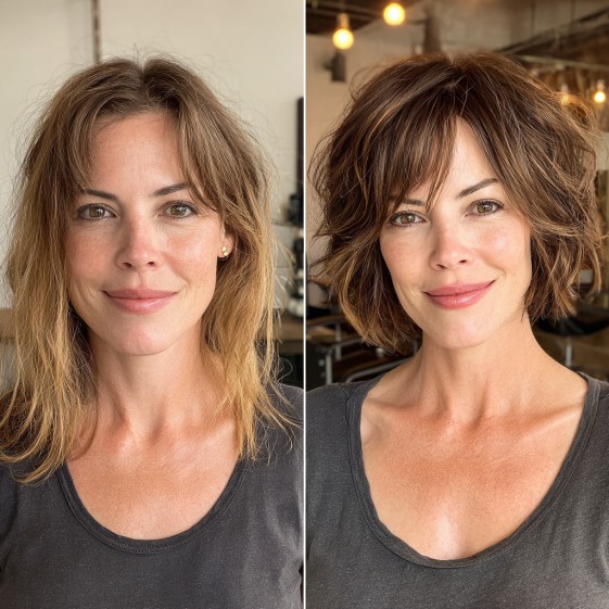 chic textured shaggy bob with long bangs
