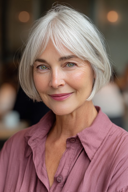 Elegant Silver Bob with Soft Side-Swept Bangs