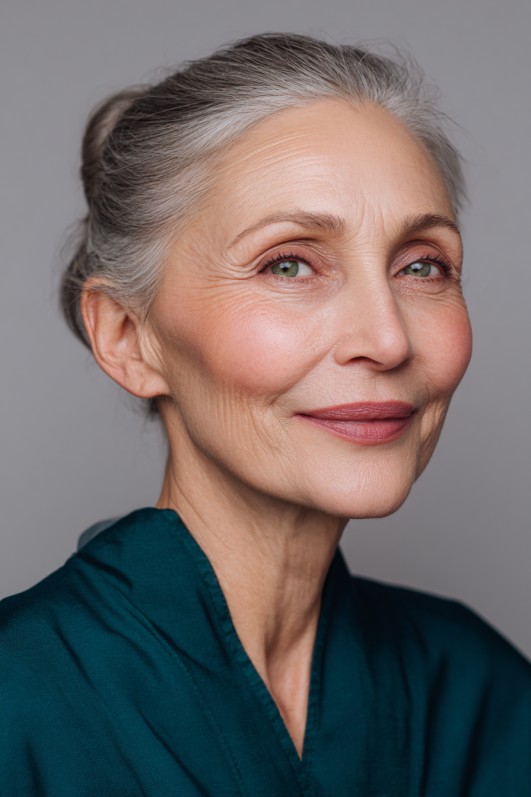 Elegant Silver Low Bun with Soft Face-Framing Layers