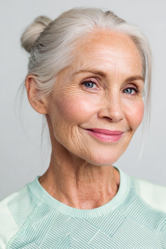 Elegant Silver Top Bun with Soft Face-Framing Layers