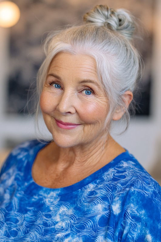 Elegant Silver Top Knot with Soft Face-Framing Layers
