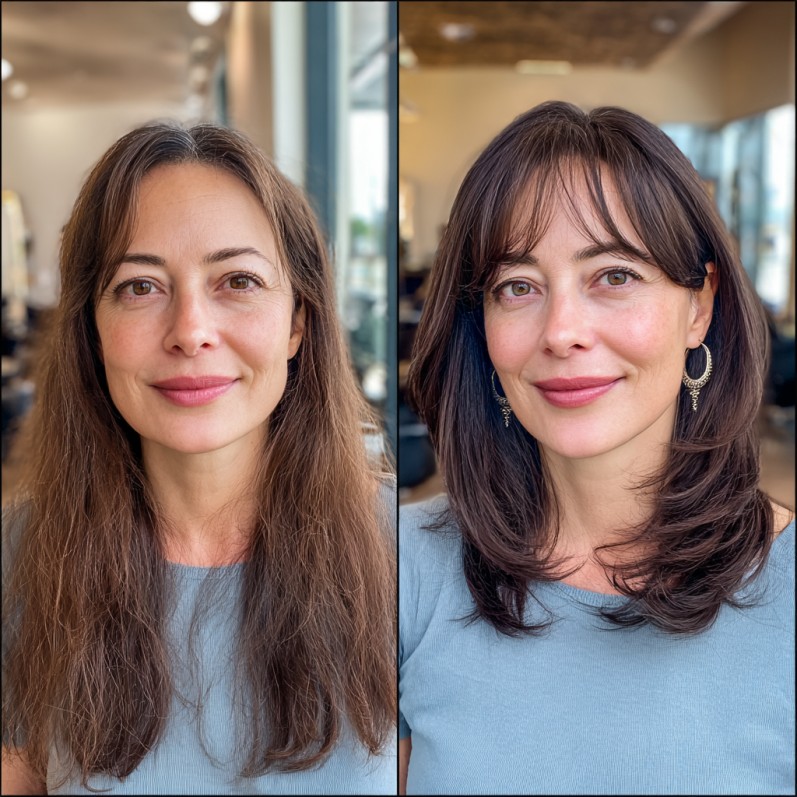 Modern Long Layers with Soft Bangs