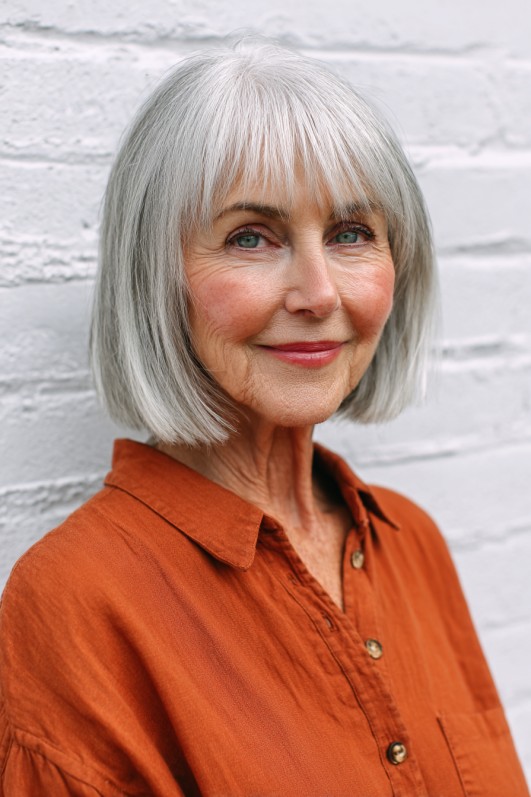 Modern Silver Blunt Bob with Soft Bangs