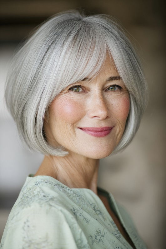 Modern Silver Blunt Bob with Soft Face-Framing Layers