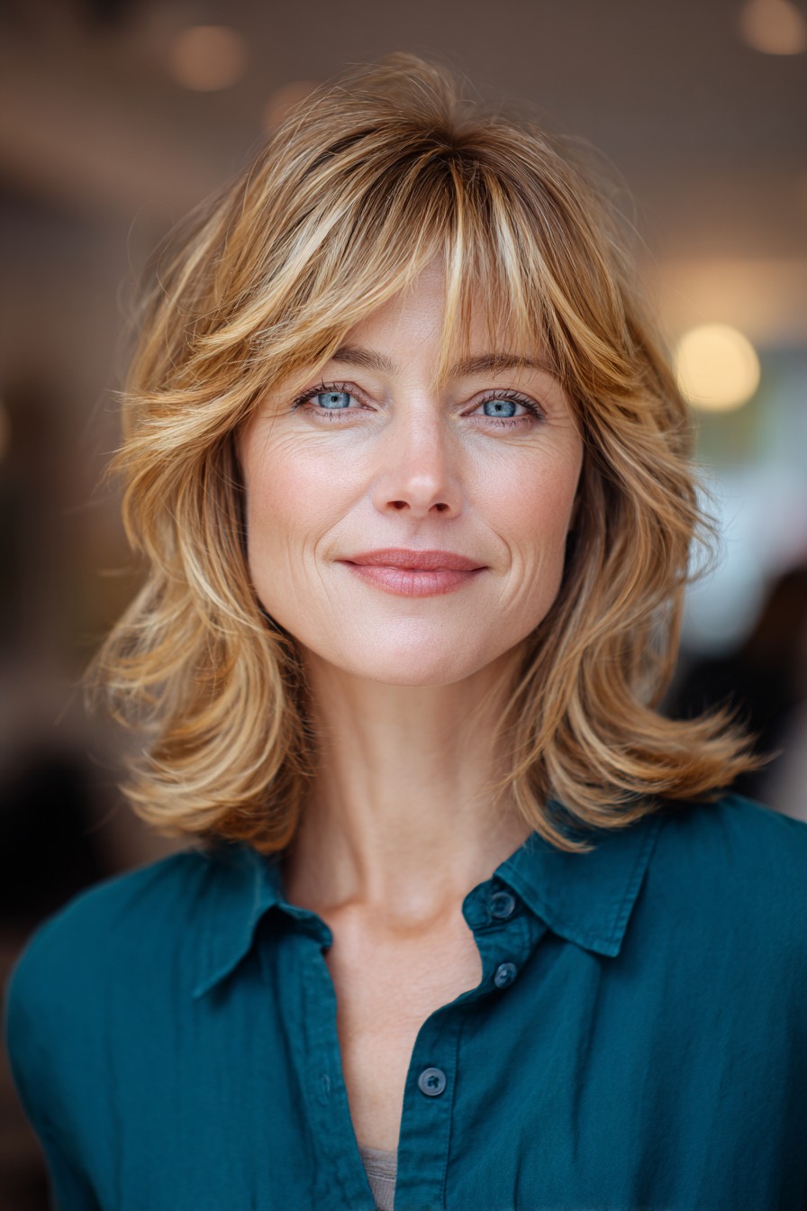 Softly Textured Mid-Length Cut with Face-Framing Bangs