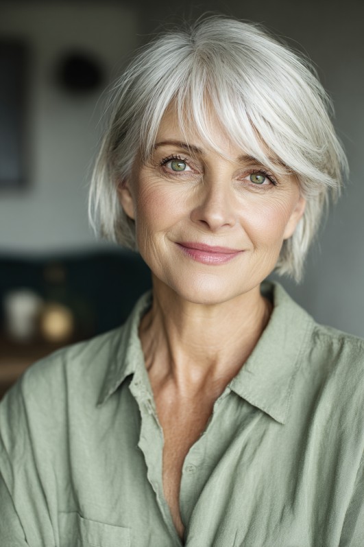 Stylish Textured Silver Bob with Soft Bangs