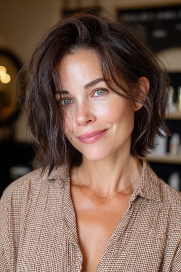 Textured Dark Brown Bob with Lively Waves