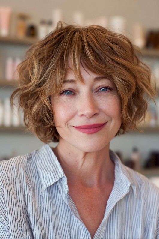 Textured Short Curly Cut with Soft Bangs