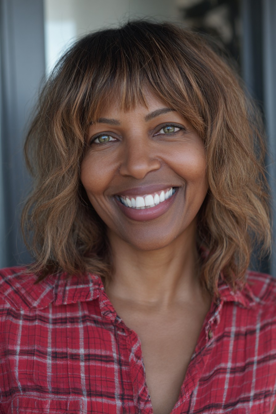 Textured Shoulder-Length Waves with Bangs
