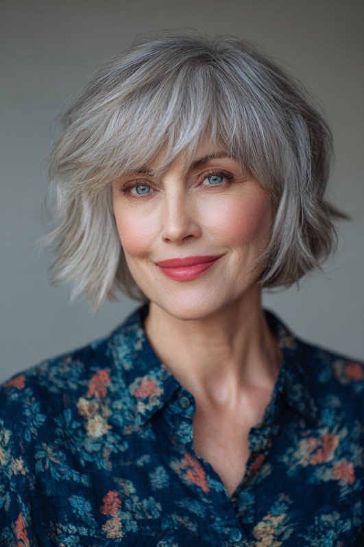 Textured Soft Grey Bob with Wispy Layers