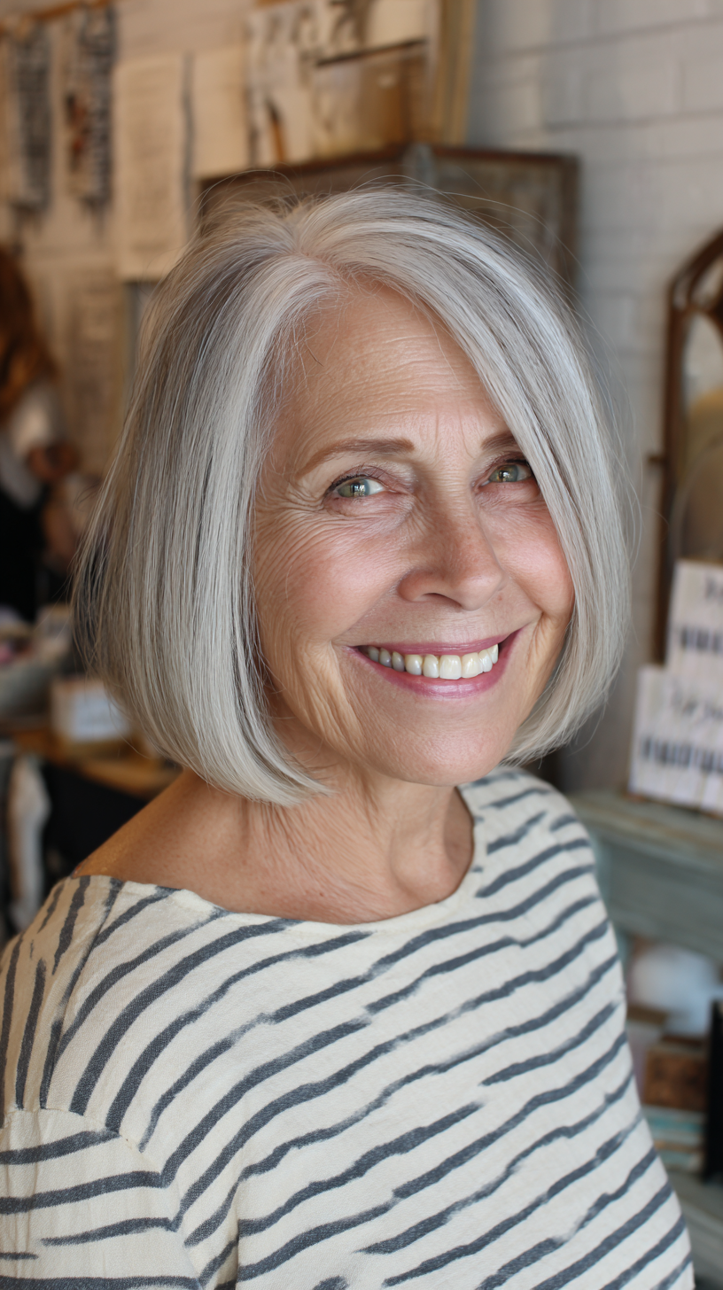 Elegant Silver Bob with Soft Face-Framing Layers