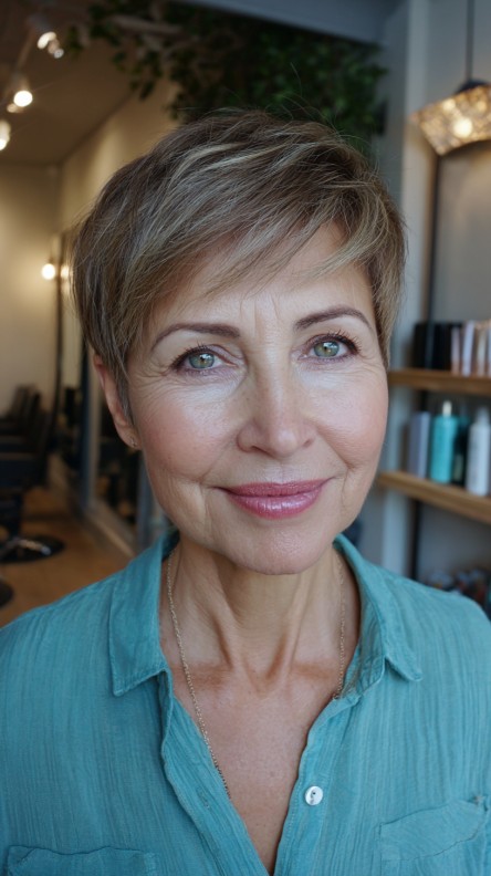 Chic Light Brown Textured Pixie with Subtle Highlights