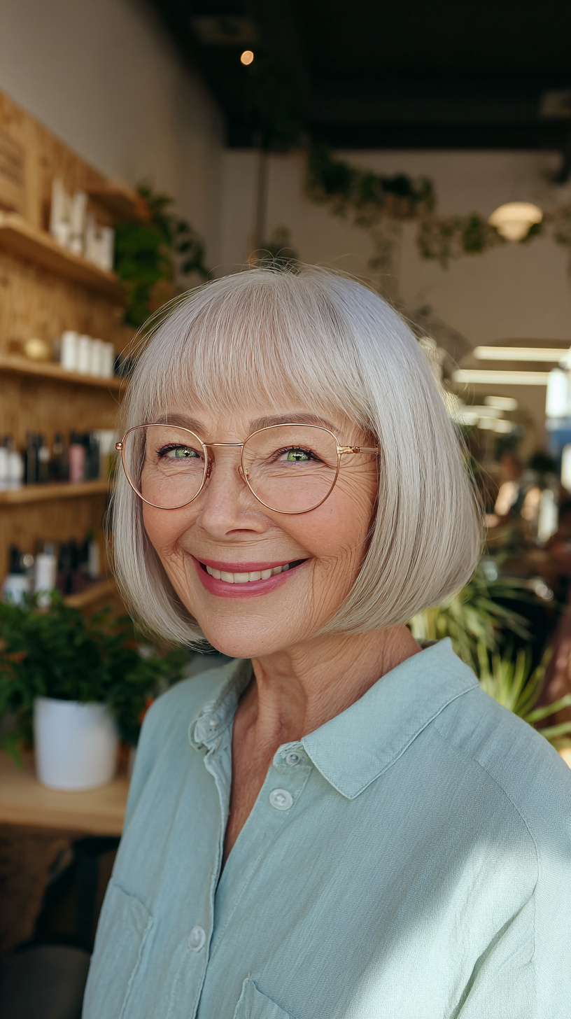 Chic Silver Bob with Soft Blunt Bangs