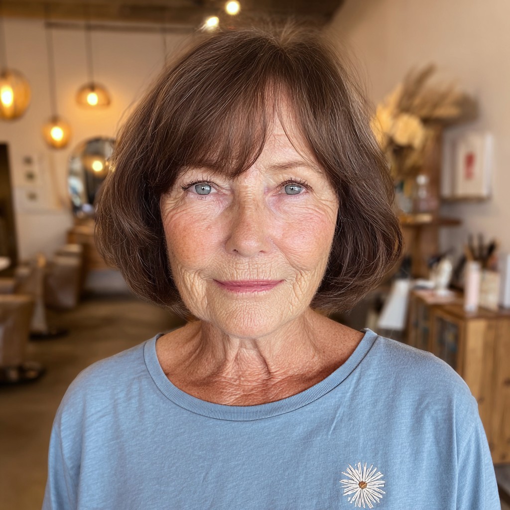 Classic Dark Brown Textured Bob with Soft Bangs