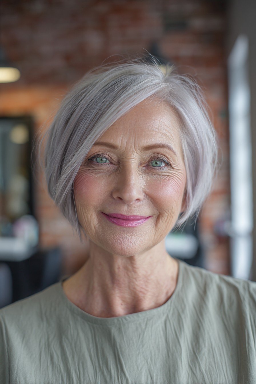 Soft Silver Tapered Bob with Side-Swept Bangs