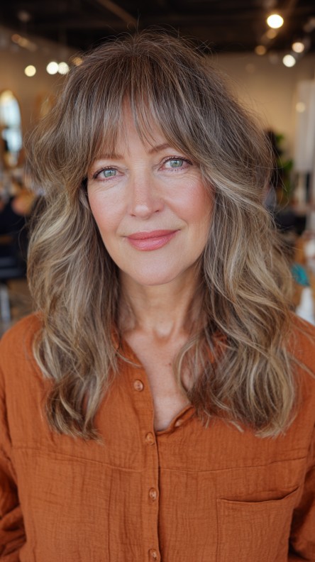 Softly Layered Light Brown Hair with Subtle Face-Framing Bangs