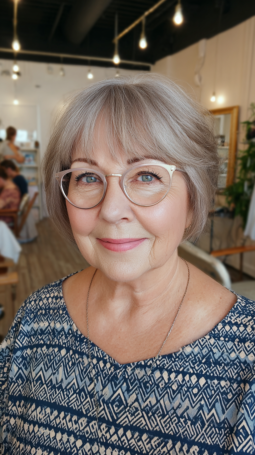 Softly Layered Silver Bob with Side-Swept Bangs