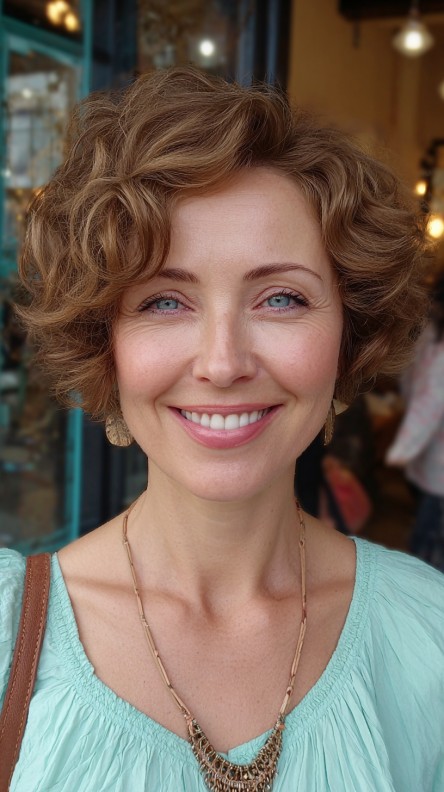 Textured Light Brown Curly Bob with Soft Volume
