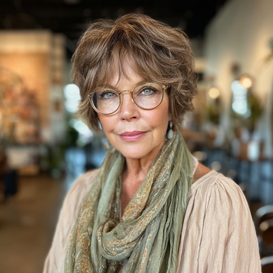 Textured Short Cut with Light Brown Highlights and Soft Bangs