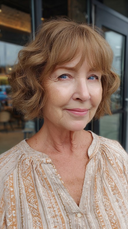 Charming Curly Bob with Soft Curtain Bangs