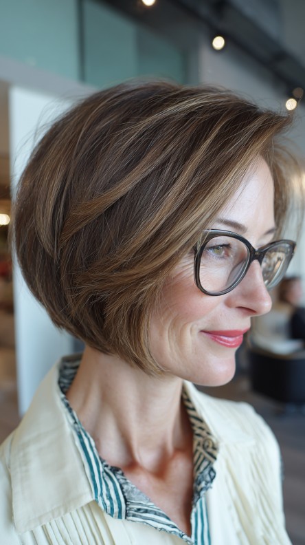 Chic Layered Wedge Bob with Subtle Caramel Highlights