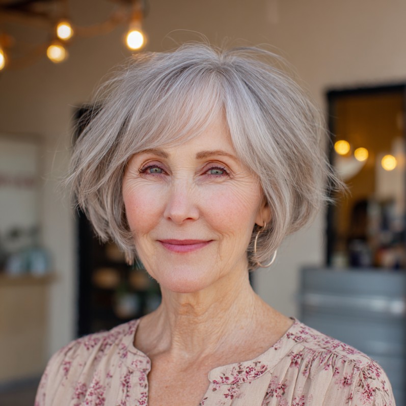 Chic Textured Silver Bob with Soft Curtain Bangs